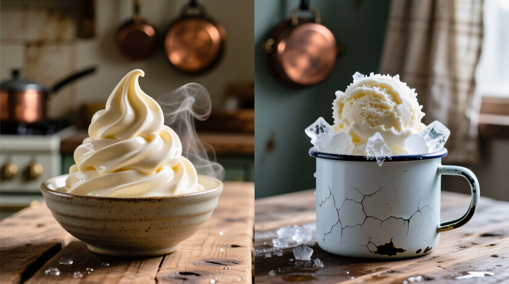 Side-by-side comparison of smooth versus icy homemade ice cream