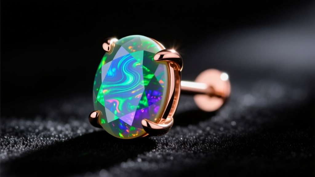 Macro shot of a 14k rose gold prong-set Ethiopian opal stud showing vibrant green and blue play-of-color on a dark velvet background.
