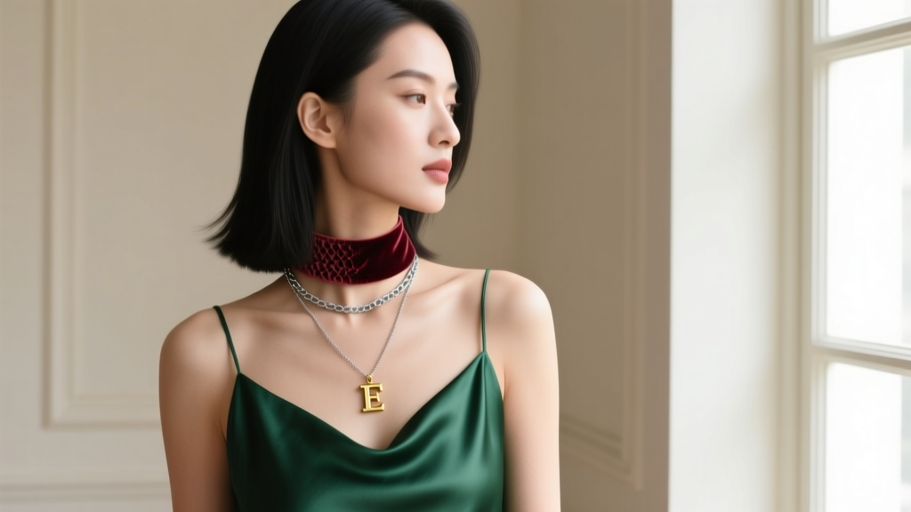 Side profile of a woman in a slip dress layering a velvet choker, a silver chain, and a long gold initial pendant necklace.