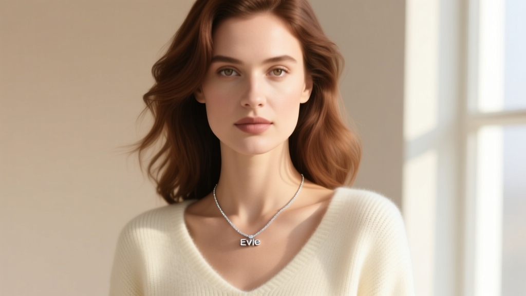 Woman wearing a platinum Evie pendant necklace with a 0.9mm chain, catching sunlight against a soft cream knit sweater.
