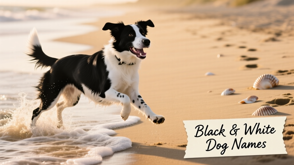 A joyful black and white dog playing at the beach