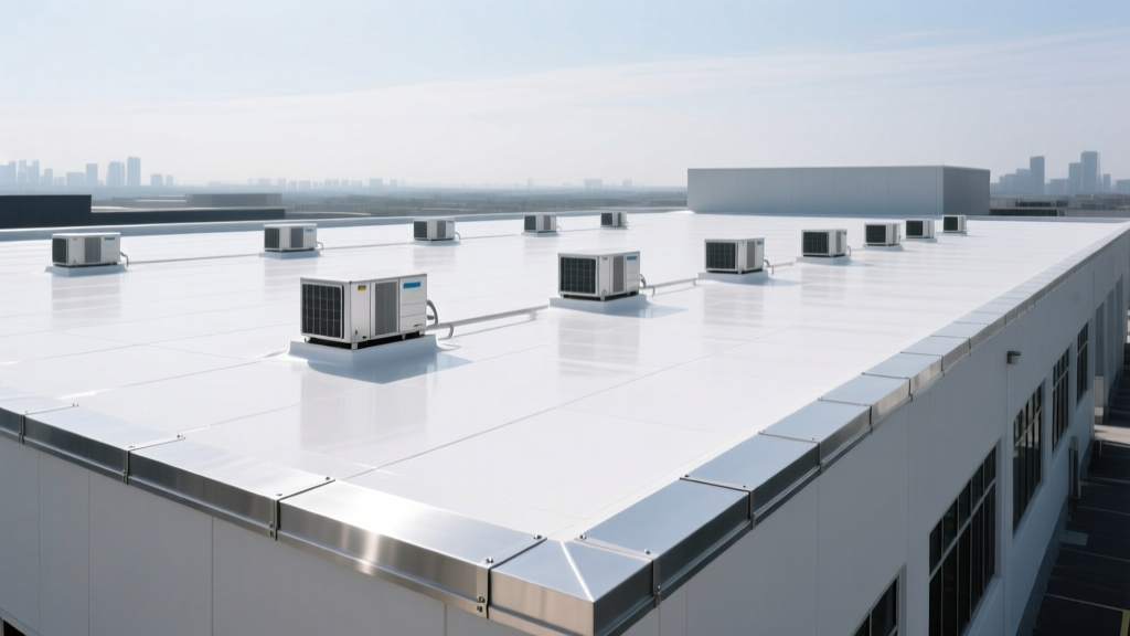 Commercial building rooftop featuring a seamless white TPO flat roof roofing material with HVAC units and metal edge flashing