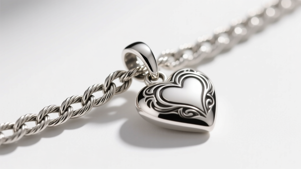 Side profile of a thick 3.5mm sterling silver rope chain threading through a large heart pendant bail, showing metal textures.