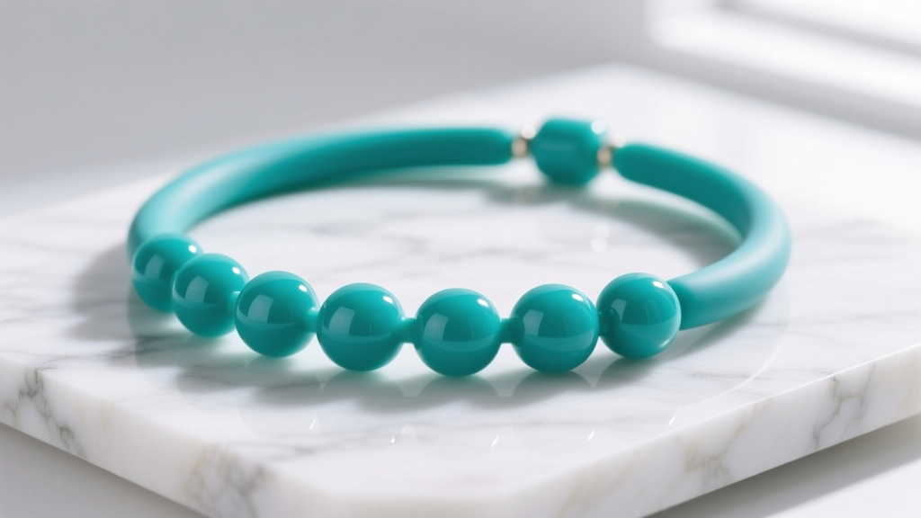 Macro shot of a vibrant teal medical-grade silicone chew necklace on white marble, illuminated by soft natural window lighting.
