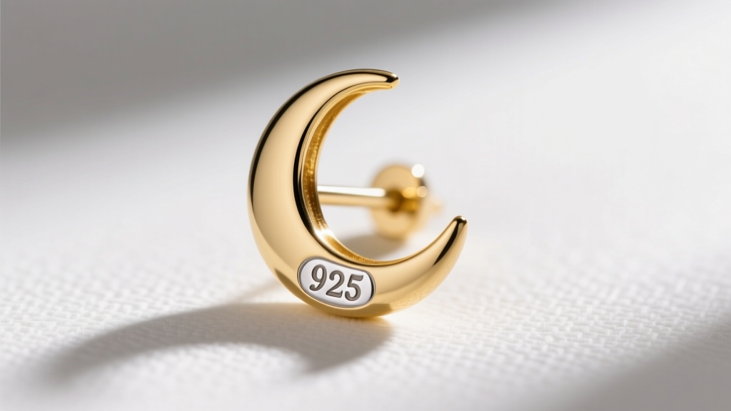 Macro shot of a 14k gold vermeil crescent moon earring post showing the 925 sterling silver stamp and thick gold plating edge