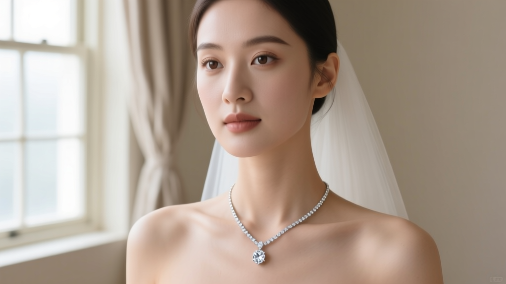 Bride wearing a platinum diamond pendant on an 18-inch chain, photographed from the collarbone up in soft natural window light.