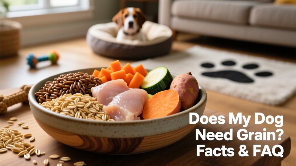 Close-up of wholesome dog food ingredients including brown rice, oats, and barley mixed with lean meat and vegetables
