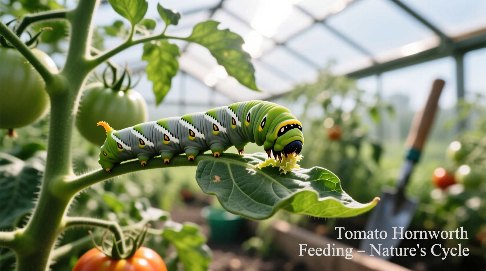 Tomato plant with hornworm feeding on leaves