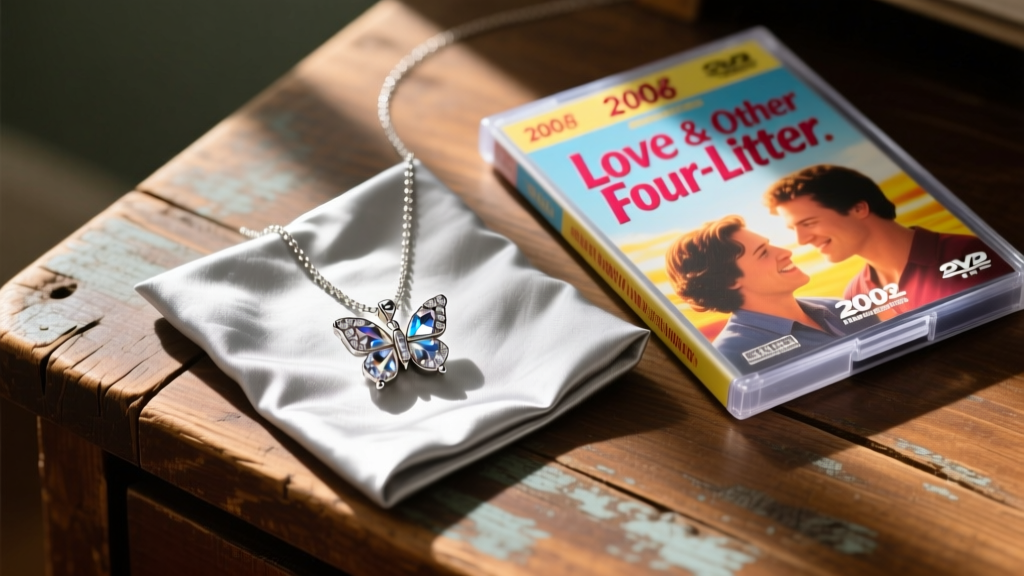 Flat lay of a cubic zirconia butterfly locket necklace, silver polishing cloth, and a 2004 romantic comedy DVD on a rustic wooden desk.