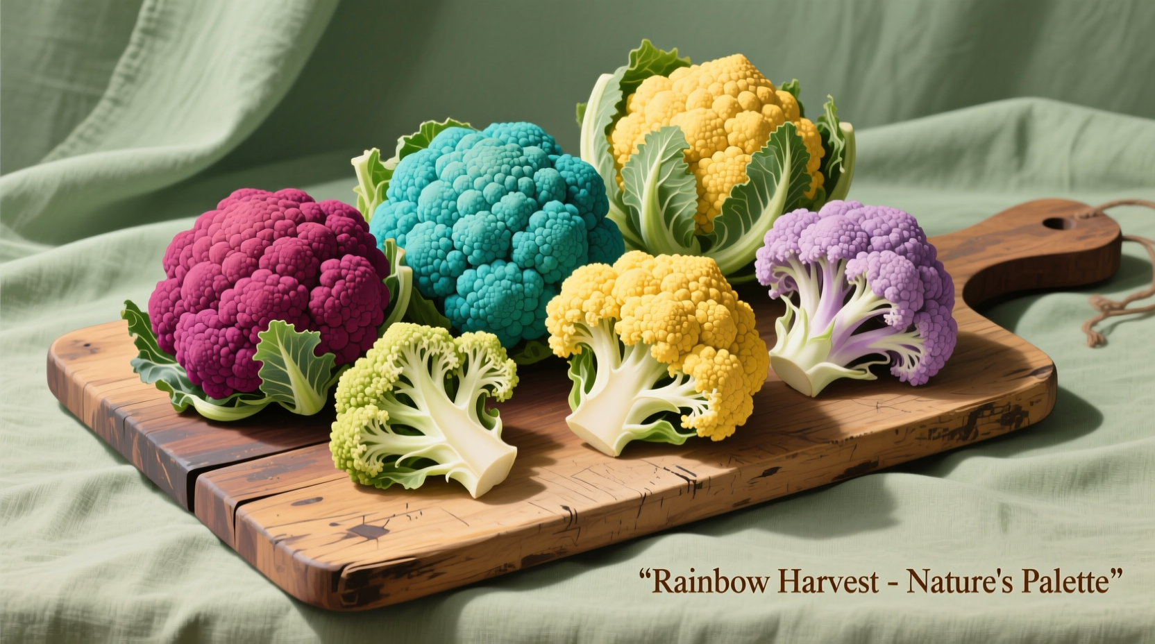 Rainbow cauliflower varieties on wooden cutting board