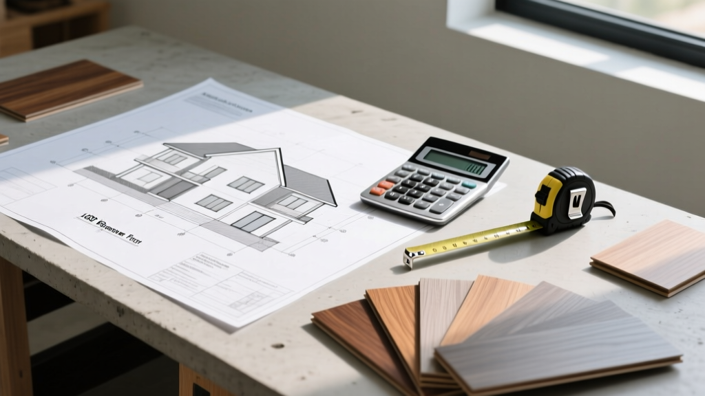 Blueprints for a 1600 square foot home on a workbench next to a calculator, tape measure, and luxury vinyl plank flooring samples