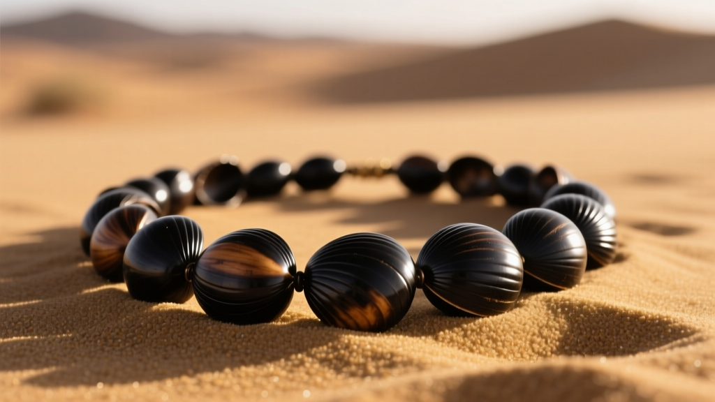 A polished black kukui nut lei necklace resting on dark sand, illuminated by soft sunlight highlighting the glossy wooden shells.