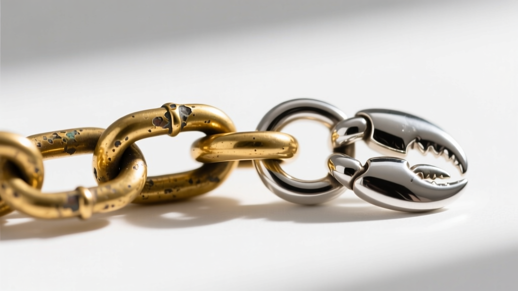 Macro shot of a gold-dipped brass chain link showing slight vintage patina next to a polished sterling silver lobster clasp.