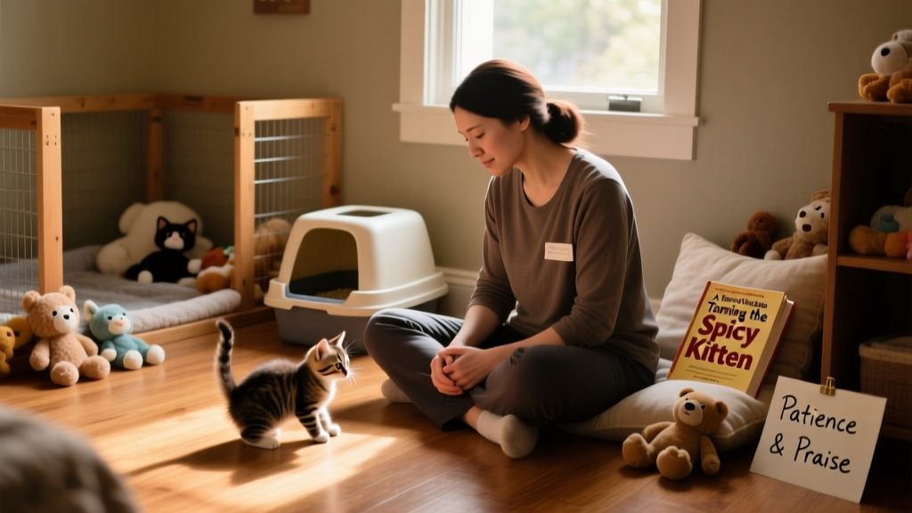 A foster caregiver sitting quietly on the floor of a small, kitten-proofed room with toys and a litter box nearby