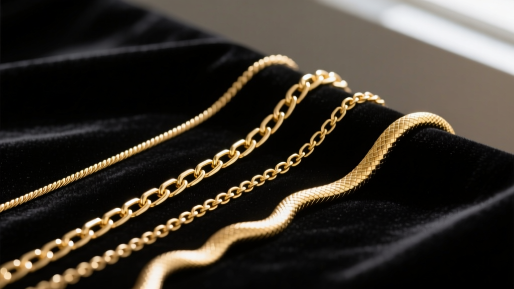 Macro shot comparing three dainty gold chains: a 1mm cable, a 1.2mm box chain, and a 0.9mm snake chain on dark velvet fabric