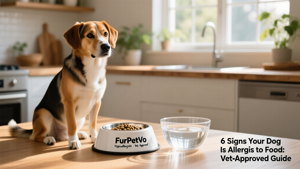 Dog sitting calmly beside a clean, labeled FurPetVo hypoallergenic meal bowl with fresh water nearby