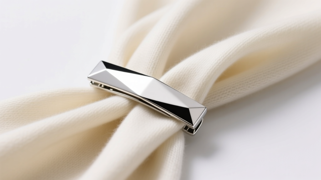 Close-up of a rhodium-plated sterling silver magnetic scarf slide securing a cream cashmere pashmina, studio lighting, sharp focus