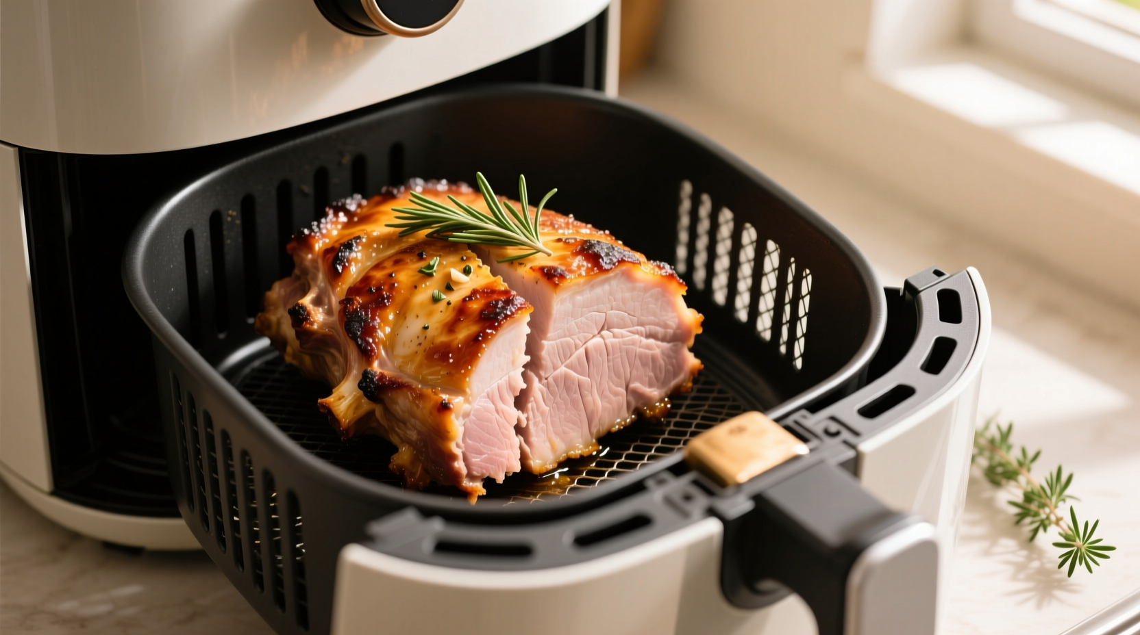 Perfectly cooked pork loin in air fryer basket