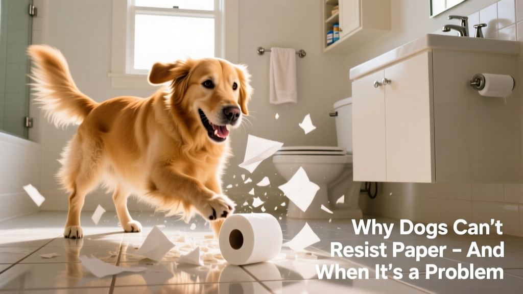 A golden retriever happily shredding a roll of toilet paper on the bathroom floor