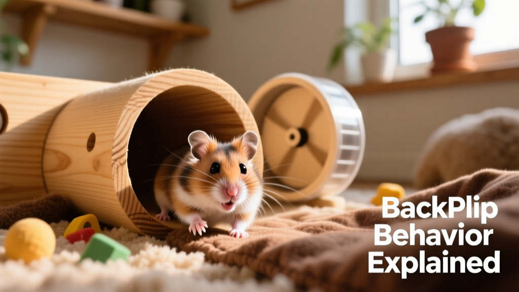 A happy hamster exploring a FurPetVo-designed habitat with natural wood tunnels, a running wheel, and soft bedding
