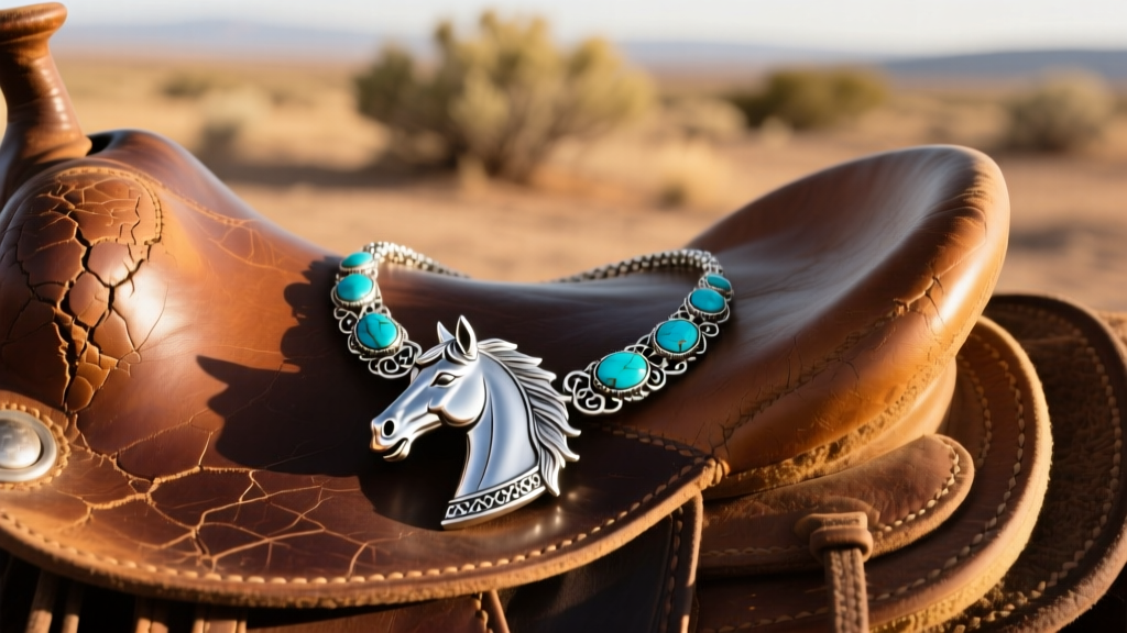 Close-up of a sterling silver turquoise horse head necklace resting on a worn leather saddle, bathed in warm golden hour sunlight.