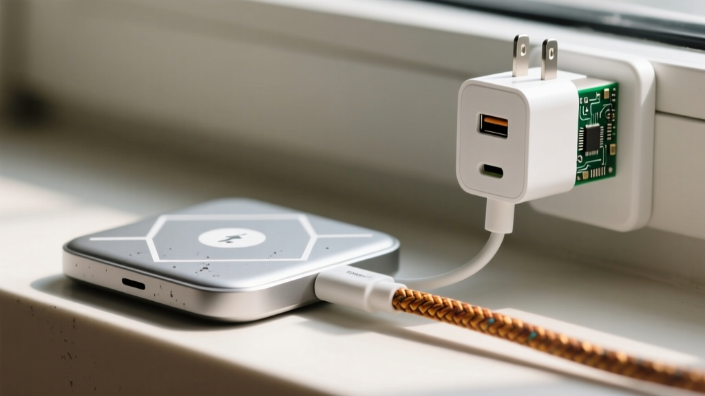 Close-up of a recycled aluminum MagSafe wireless charger showing its textured base and braided rPET cable plugged into a Gallium Nitride wall adapter