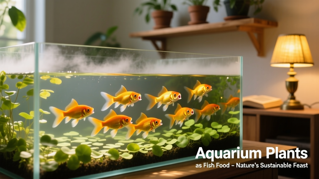 Aquarium with floating duckweed and goldfish feeding at the surface