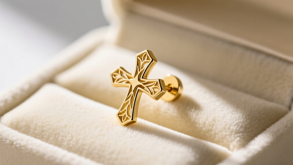 Close-up of a delicate 14k yellow gold stud cross earring with a friction back, resting on a cream velvet jewelry box liner.