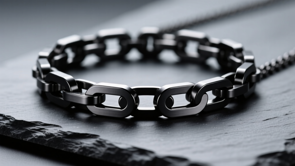 Macro shot of a matte black titanium necklace chain on dark slate, showing precise CNC-machined links and subtle metallic sheen.