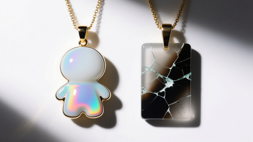 Vitreous enamel character pendant next to a chipped epoxy resin pendant, showing gloss differences under bright studio lighting