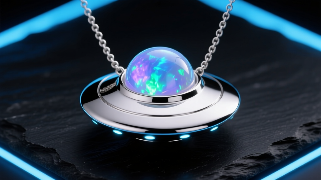 Sterling silver UFO necklace with a glowing lab-grown opal dome on dark slate, illuminated by moody blue neon rim lighting.