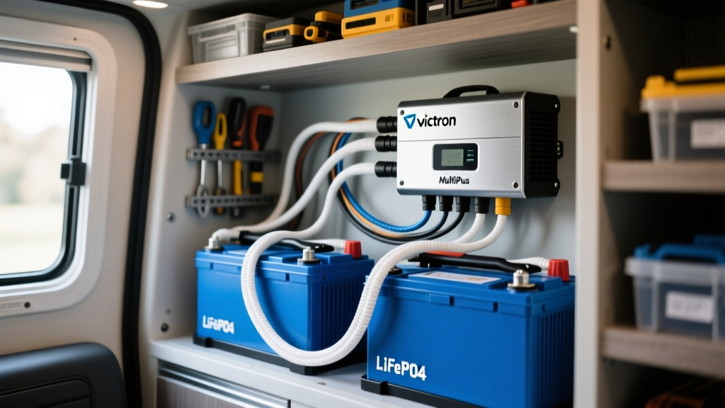 Close up of a Victron MultiPlus inverter neatly wired to a bank of blue LiFePO4 batteries inside a motorhome garage compartment.