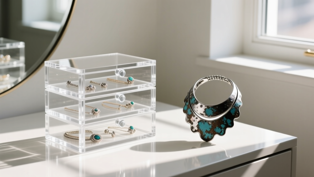 A brightly lit vanity showing a trendy clear acrylic stackable jewelry box next to a piece of heavily oxidized silver jewelry