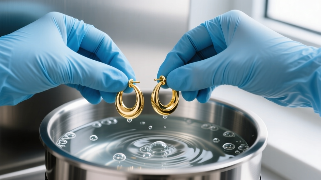 Hands in blue nitrile gloves placing 14k gold hoop earrings into a stainless steel ultrasonic cleaner filled with distilled water
