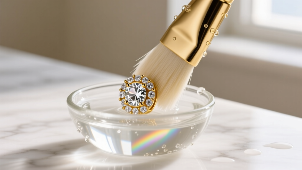 Soft brush gently scrubbing diamond pavé on an 18k gold earring submerged in a small glass bowl of mild soapy distilled water.