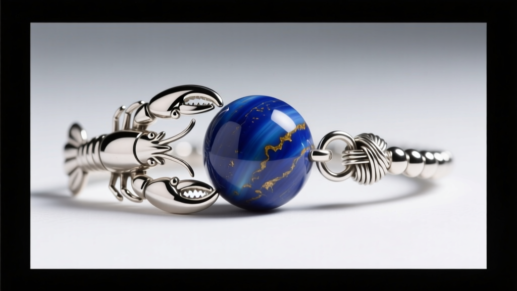 Close-up of a sterling silver lobster clasp and wire-wrapped guard beads on a high-quality lapis lazuli rondelle bead necklace.