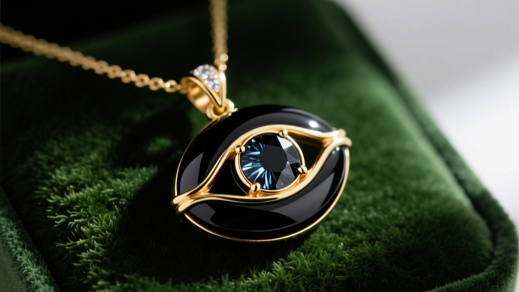 Macro shot of an articulated black onyx eves necklace pendant with gold vermeil constrictions resting on dark green velvet moss