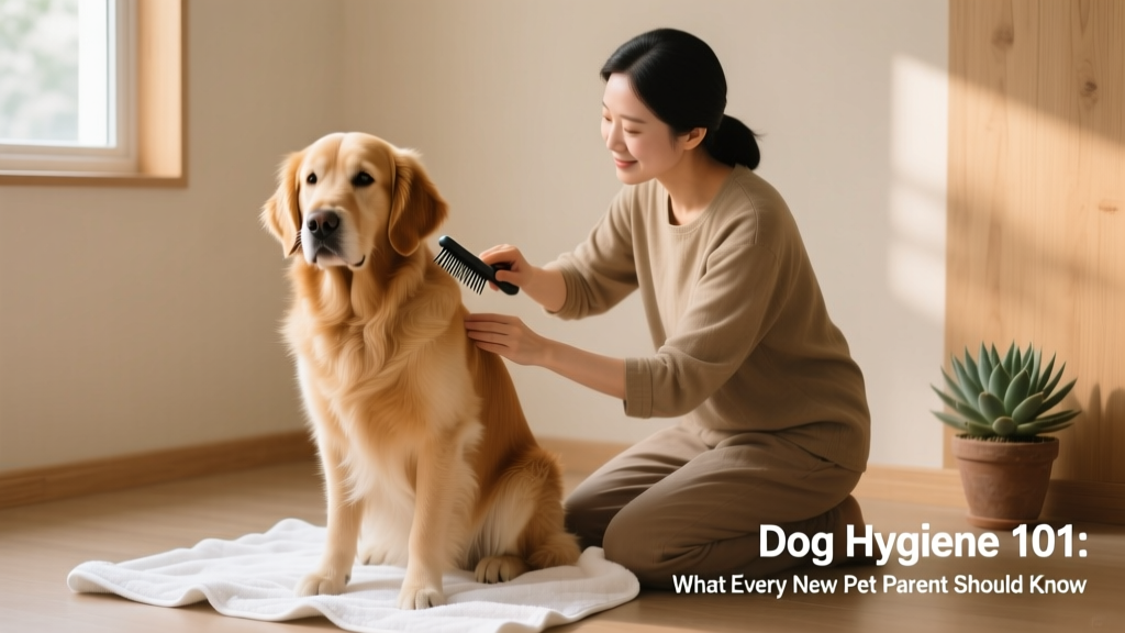 A calm, well-groomed dog sitting on a clean towel while a pet parent gently brushes its coat