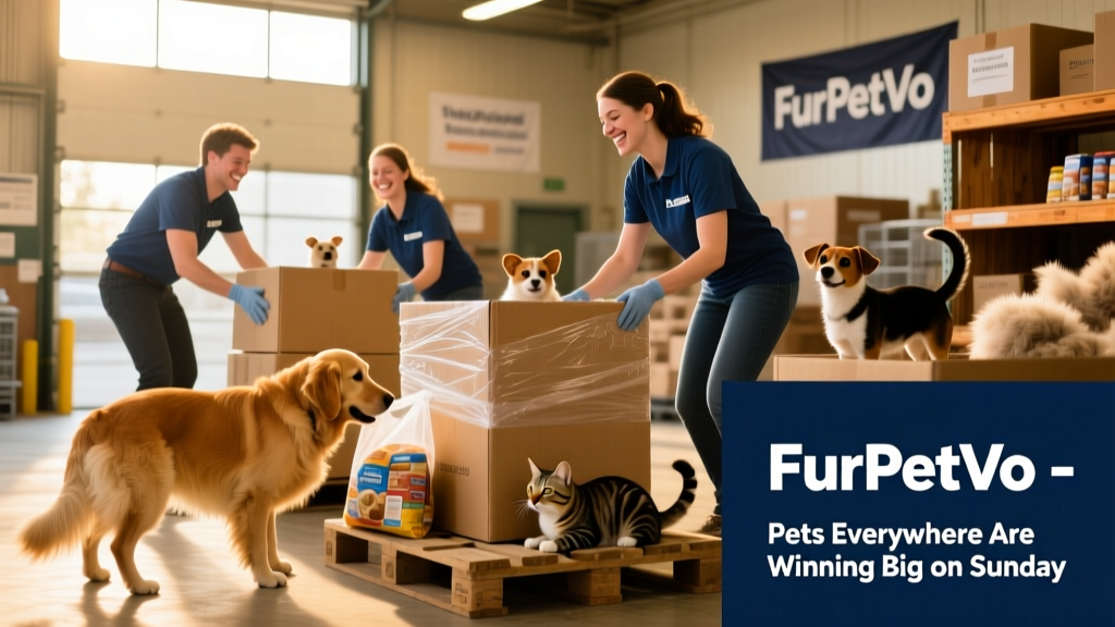 Volunteers at a shelter unloading pallets of pet food donated by FurPetVo