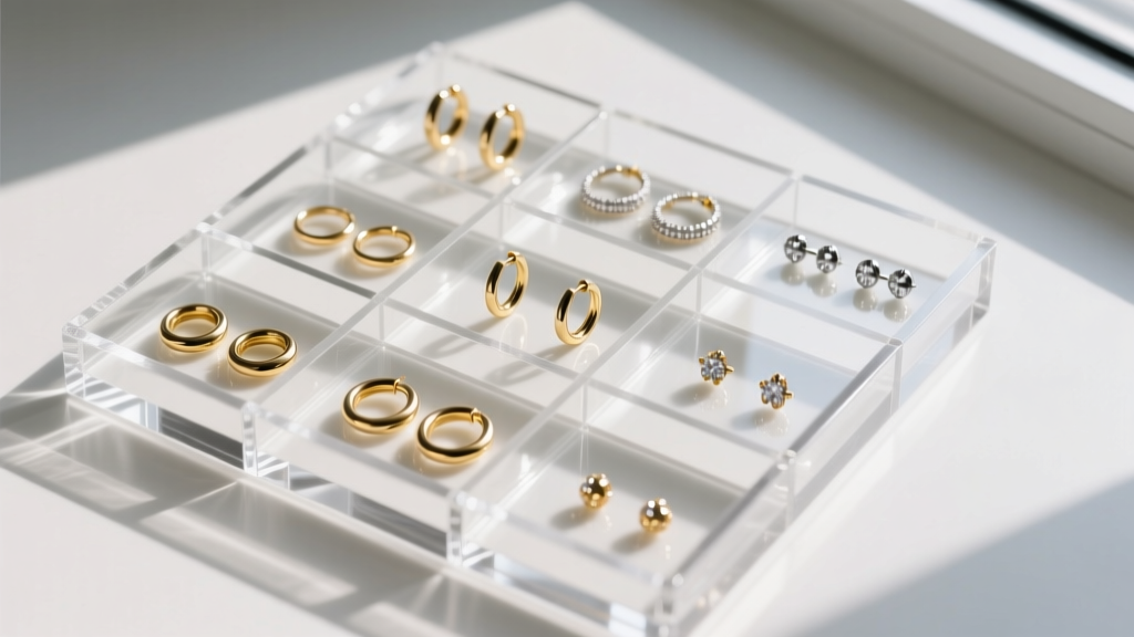 A specialized multi-compartment acrylic jewelry organizer displaying pairs of tiny huggie hoops and micro-studs, shot from above.
