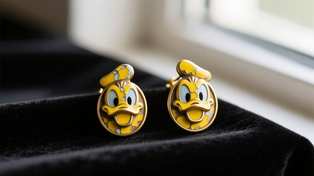 Macro shot of vintage 1950s Donald duck earrings with chipped yellow enamel on a brass base, resting on dark velvet