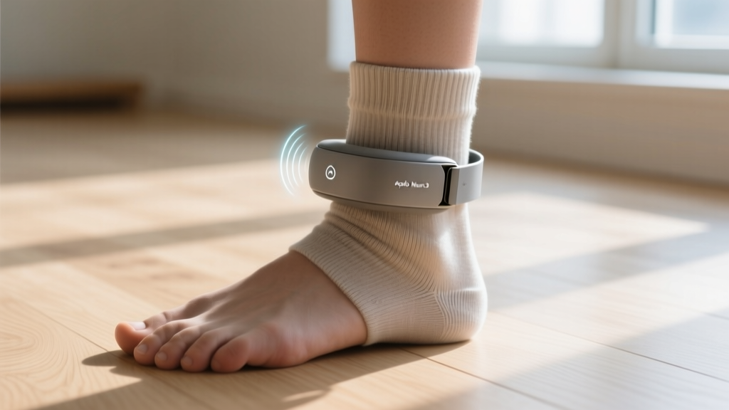 Close-up of Apollo Neuro 3 device clipped to ankle strap over cotton sock, vibrating softly during morning meditation on wood floor