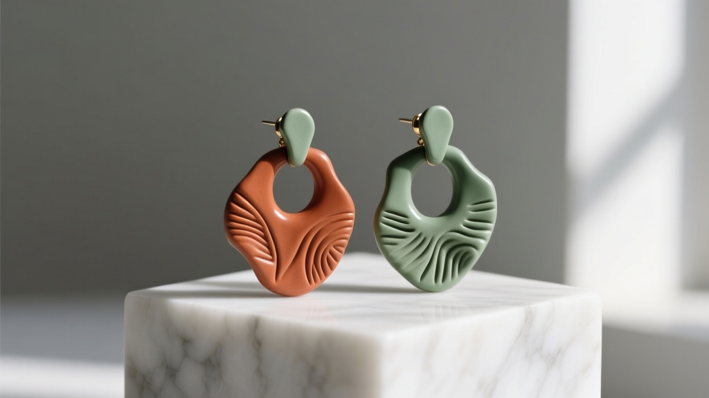 Handmade polymer clay statement earrings in terracotta and sage green on a marble pedestal under soft natural lighting