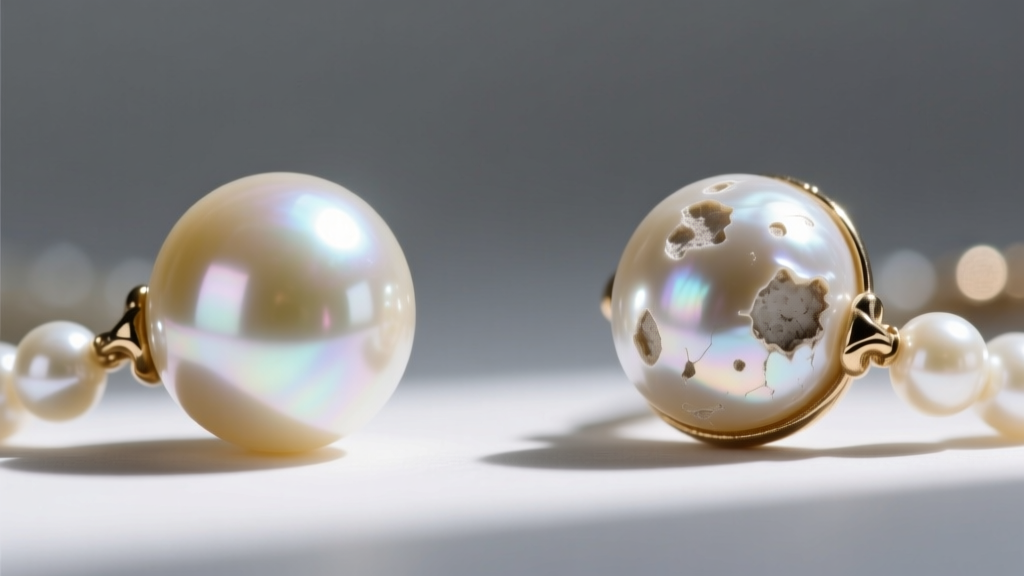 Side-by-side macro shot of vintage faux pearls, one showing pristine pearlescent luster and the other revealing flaking coating and bald spots.