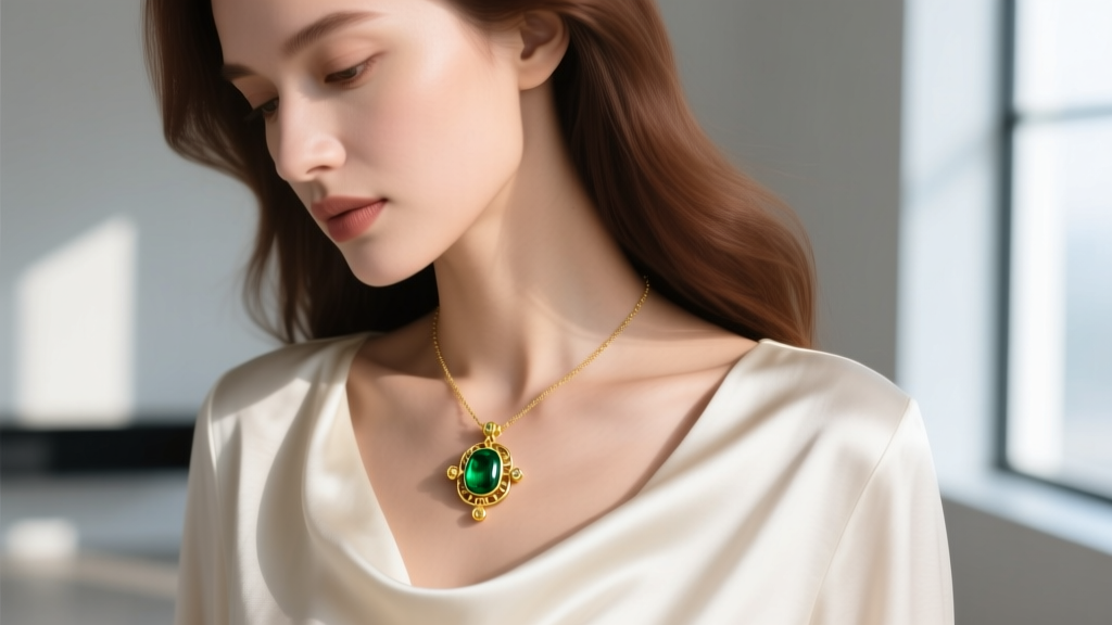 Woman in silk top wearing an emerald necklace trail, focusing on the nape clasp to show tiny gold anti-spin weights in daylight