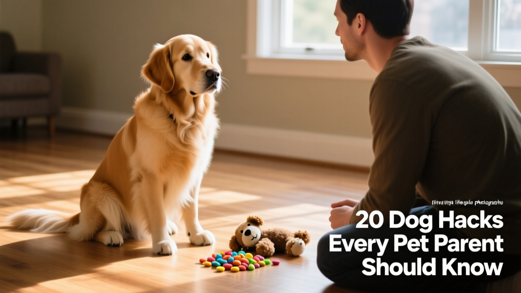 A calm, focused dog sitting beside their owner during a short indoor training session, with treats and a toy nearby on a hardwood floor