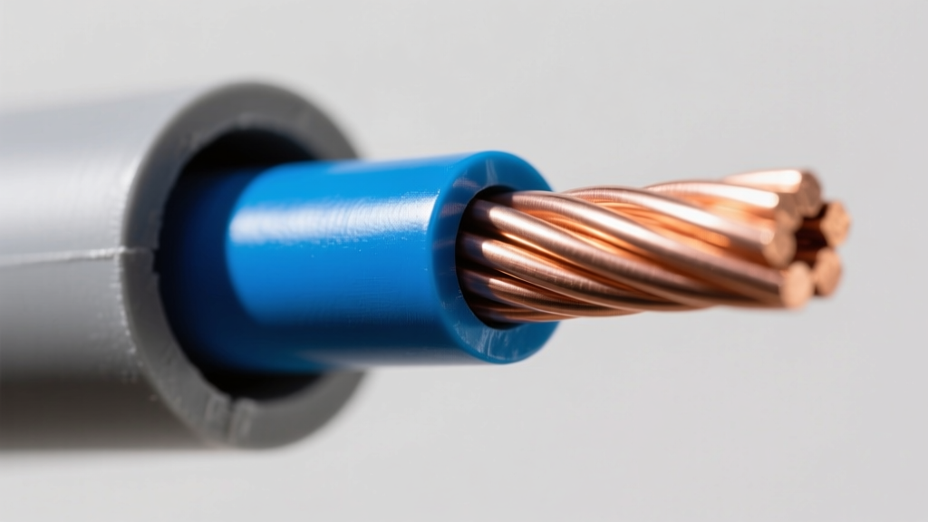 Close-up of stripped copper building wire revealing bright blue XLPE electrical insulating material inside a gray PVC conduit