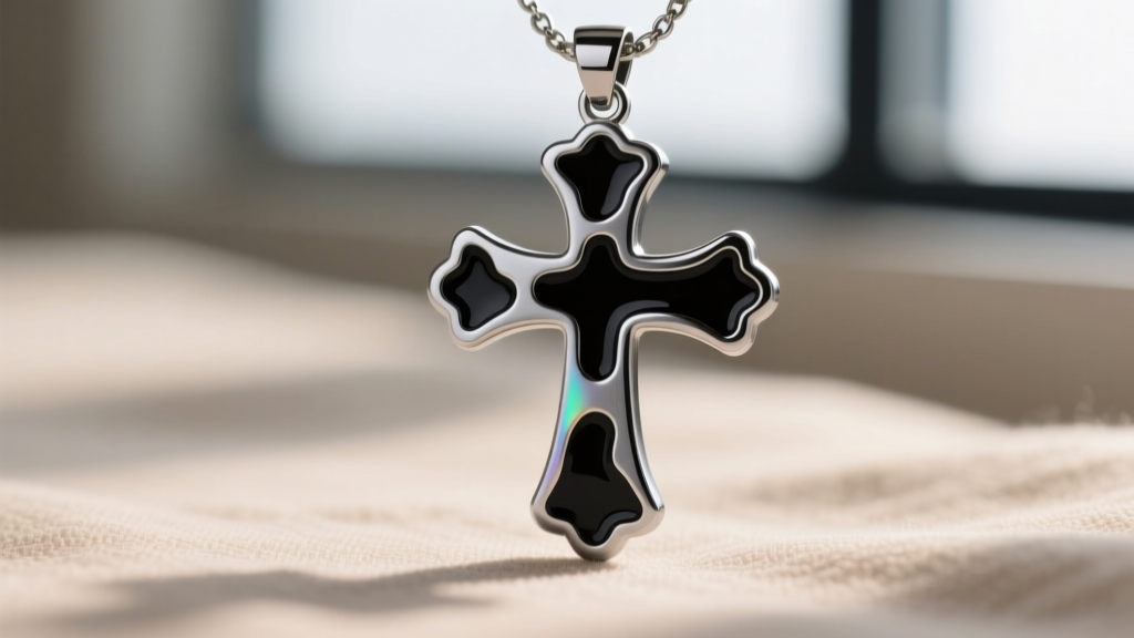 Macro shot of a die-cast zinc alloy anime cross pendant showing slight seam lines and uneven black enamel in crevices.