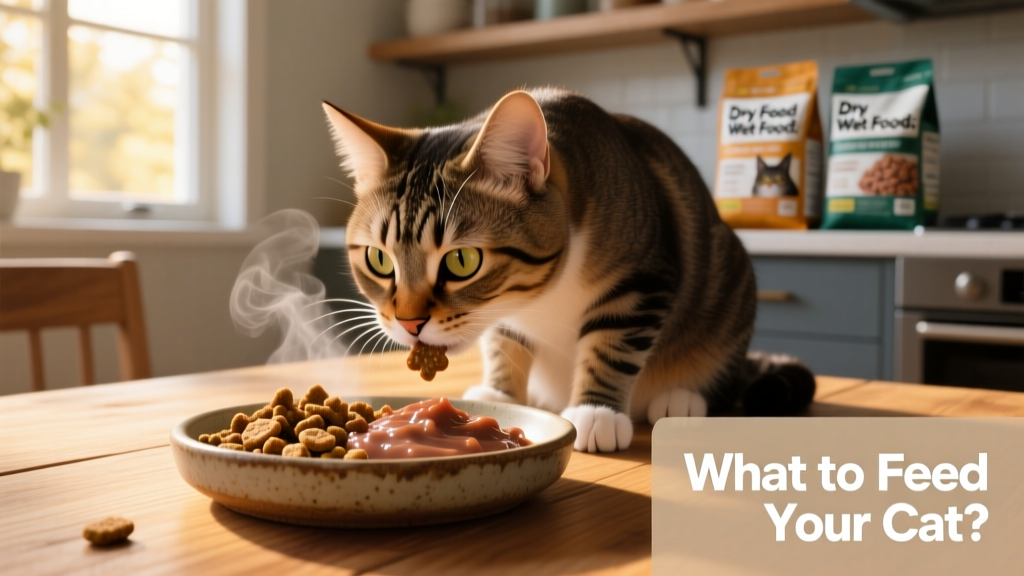 A happy, well-hydrated cat eating from a shallow dish containing both kibble and wet food