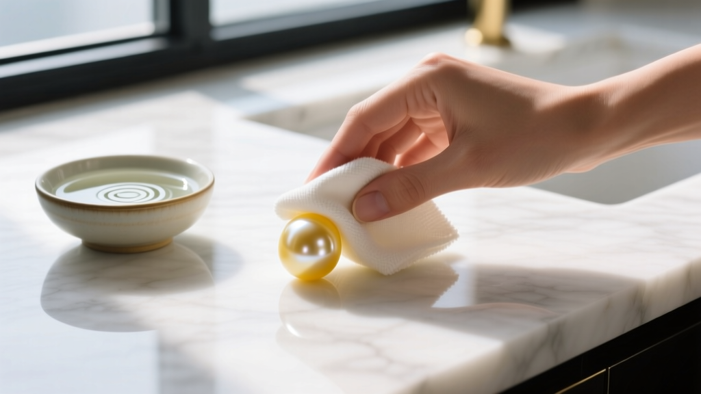 Hands wiping a yellow pearl with a soft microfiber cloth beside a bowl of distilled water and mild soap on a white marble top.
